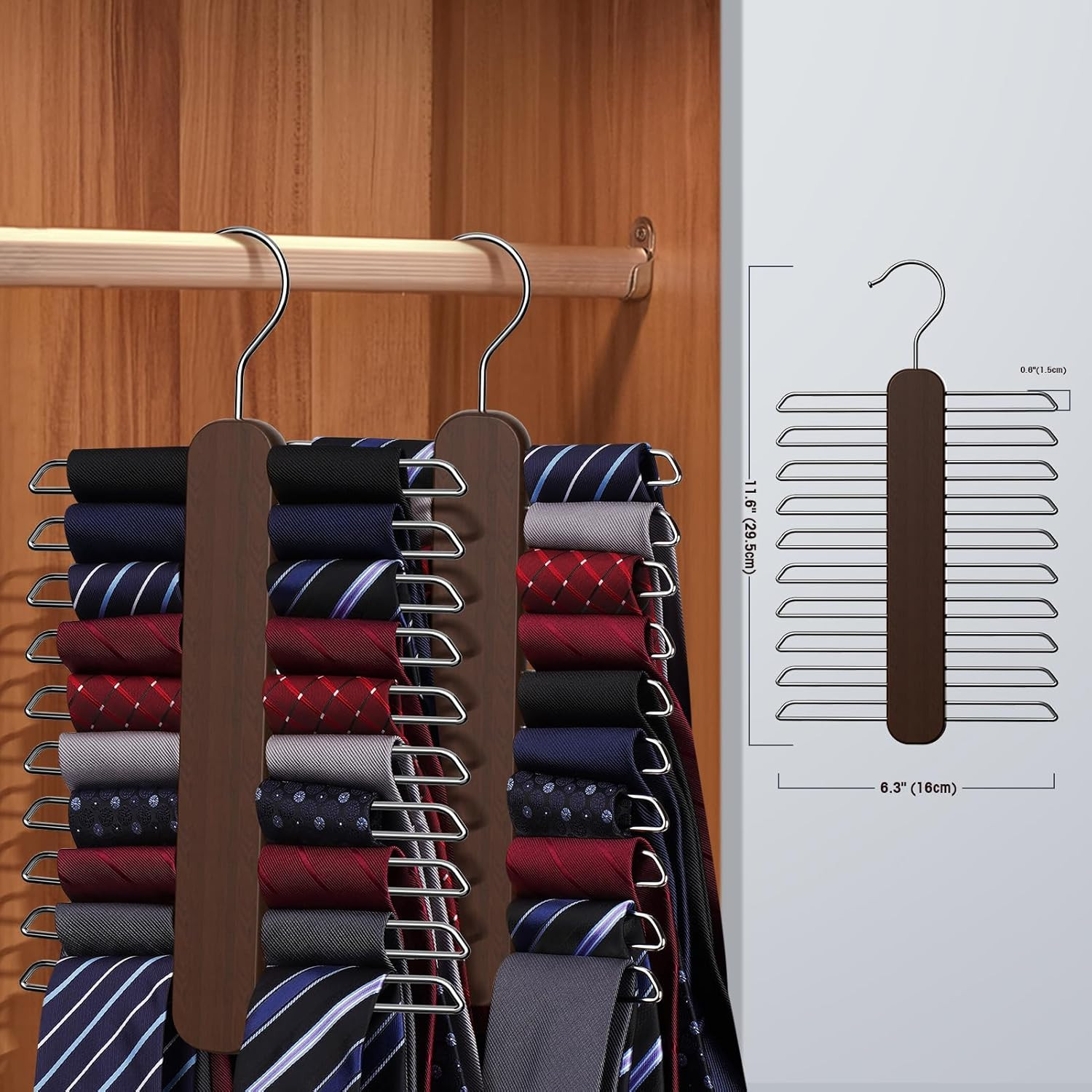 Wood Tie Rack Holder Necktie & Belt Hanger Organizer Storage Rack Space Saver