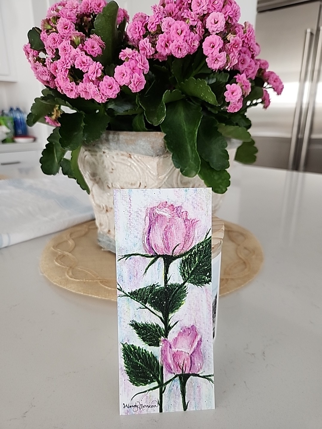 Hand Painted Bookmark Pink Roses  3" x 7"  Watercolor Original Of Artist Print