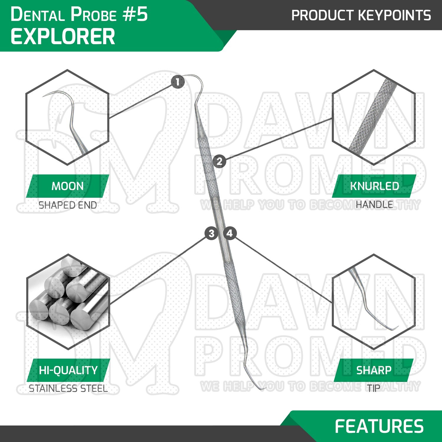 12 Pcs Dental Probe #5 Explorer Double Ended Denture Instruments German Grade