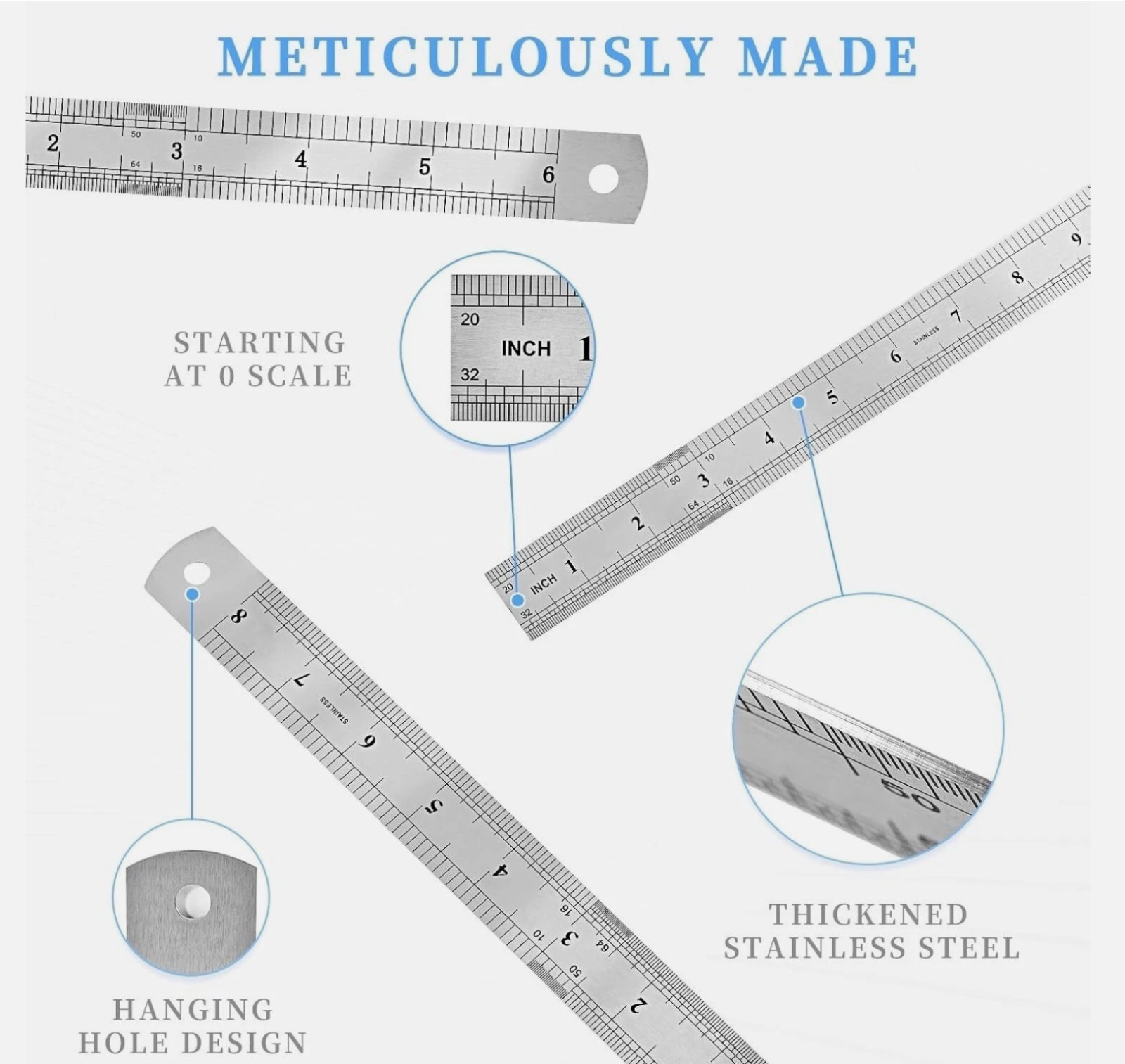 3Pcs Stainless Steel Ruler Set 6 8 12 Inch Metal Ruler with Inch and Metric New