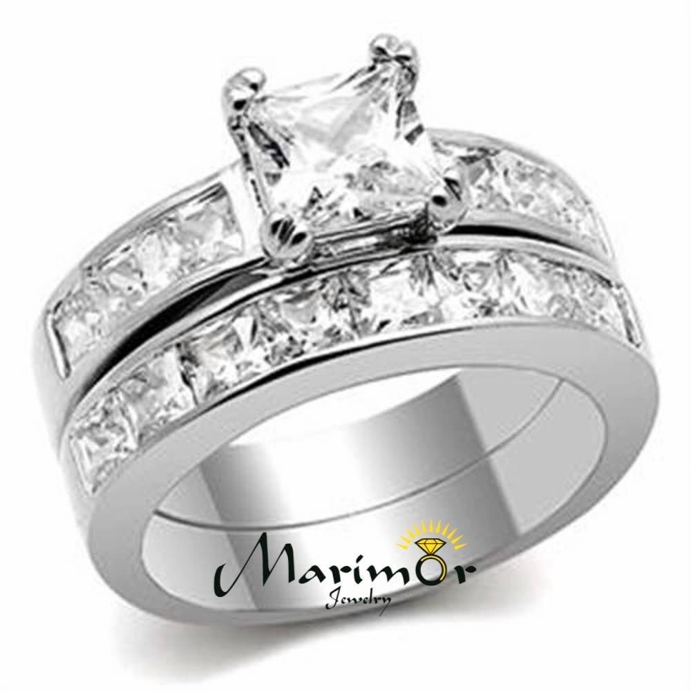 Stainless Steel Wedding Ring Set 3.75 Ct Princess Cut AAA CZ Women's Size 5-11