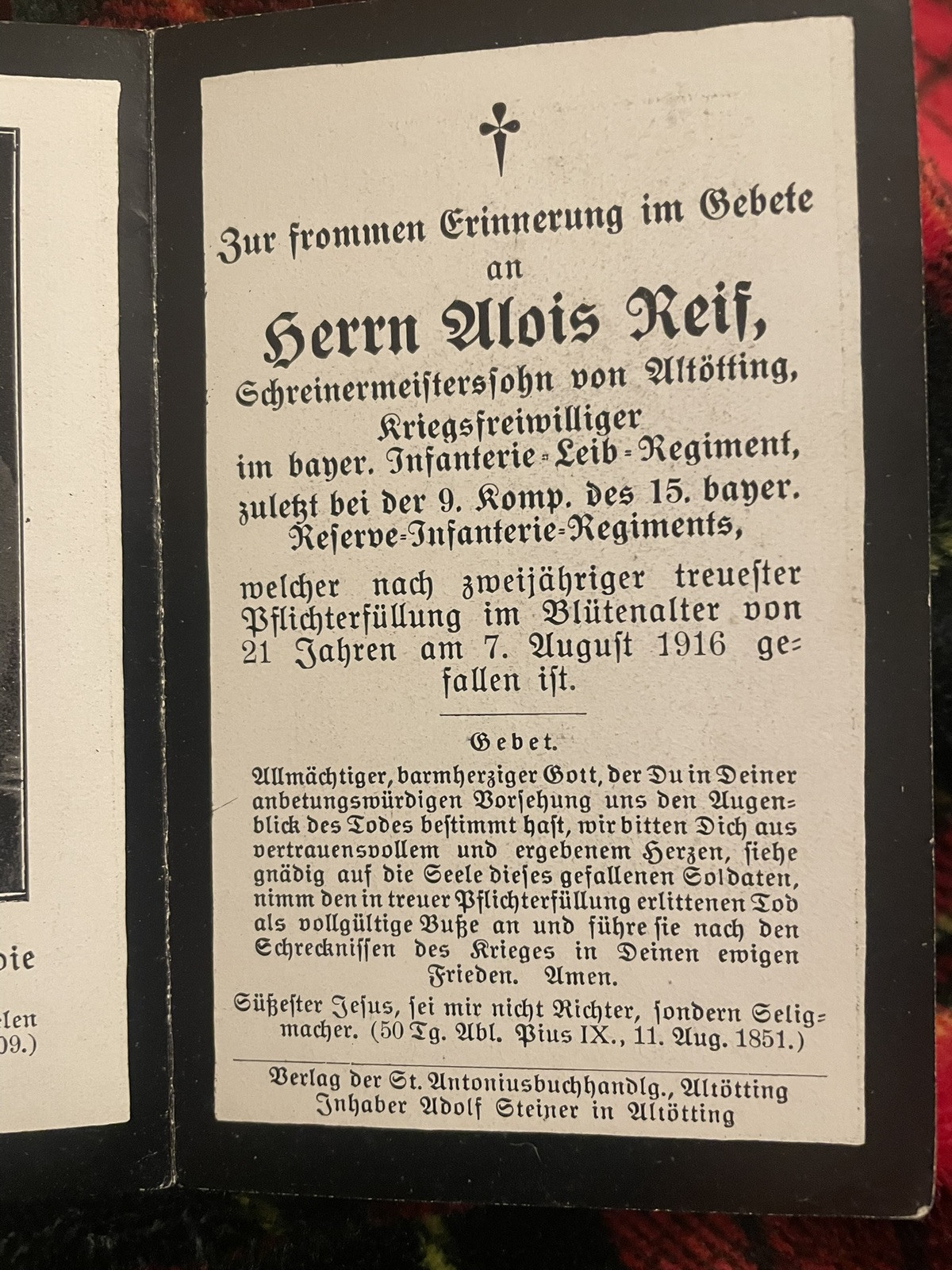 WW1 German Death Card Alois Reis 15th Bavarian Inf 7 August 1916 Allotting