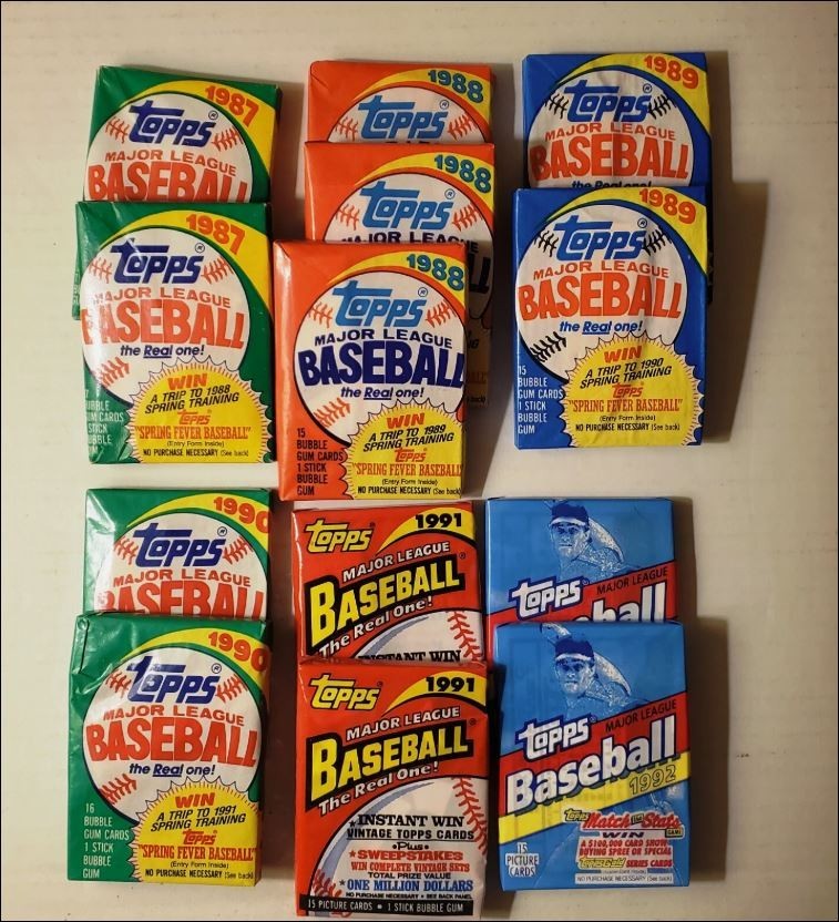HUGE LOT OF 100 OLD UNOPENED TOPPS BASEBALL CARDS IN PACKS! 1987-1992 TOPPS ONLY