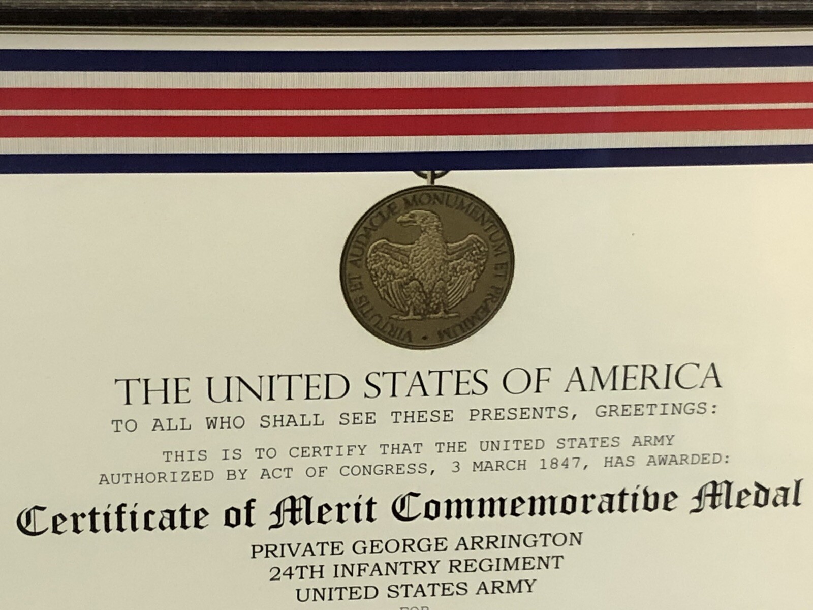 CERTIFICATE OF MERIT COMMEMORATIVE MEDAL CERTIFICATE ~ Type 1 w/Custom Printing