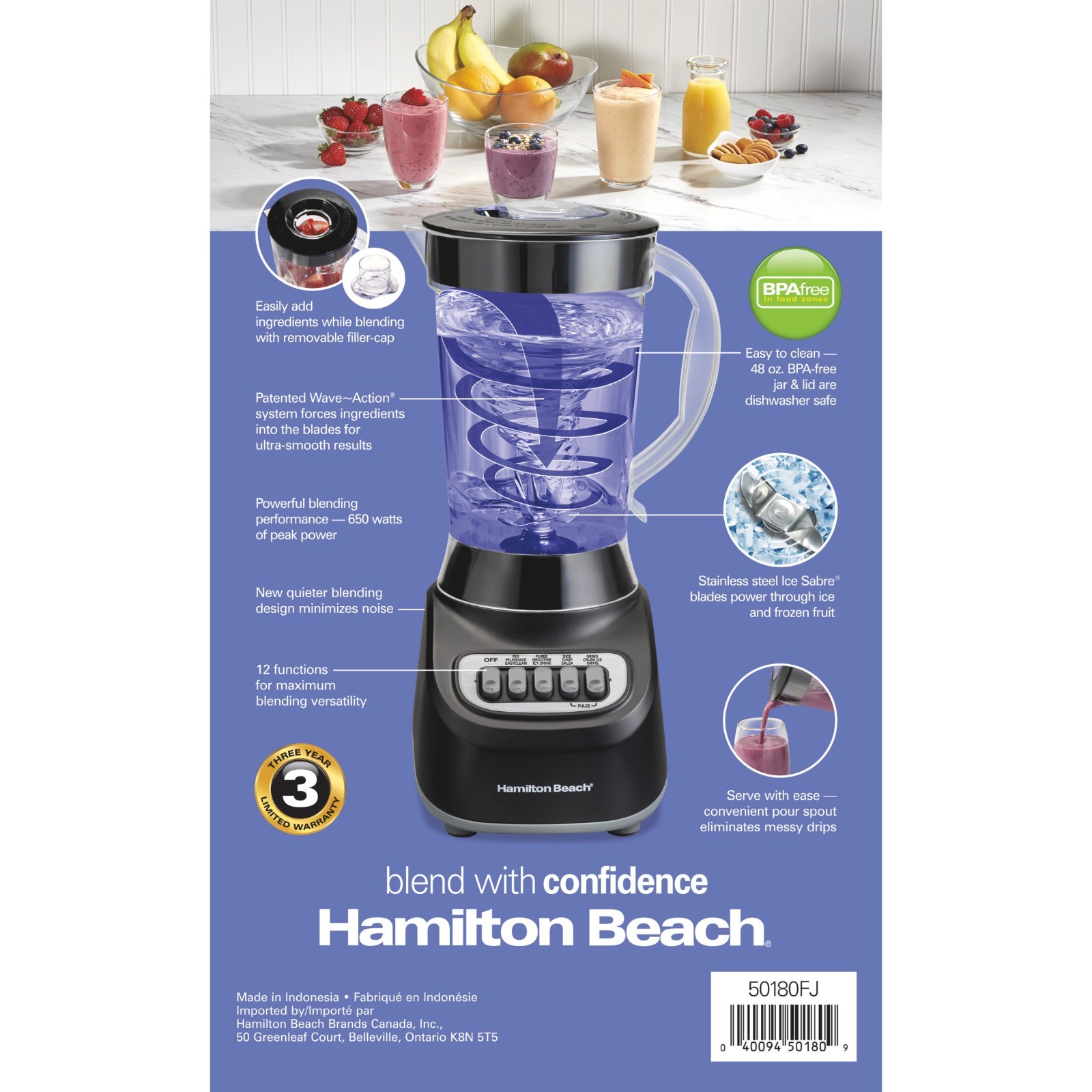 Hamilton Beach Smoothie Blender, 48 oz. Jar, Stainless Steel Blade, High Speed,
