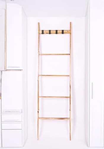 Wood Blanket Ladder, 5-Tier Decorative Quilt Holder, Wall-Leaning Towel Rack