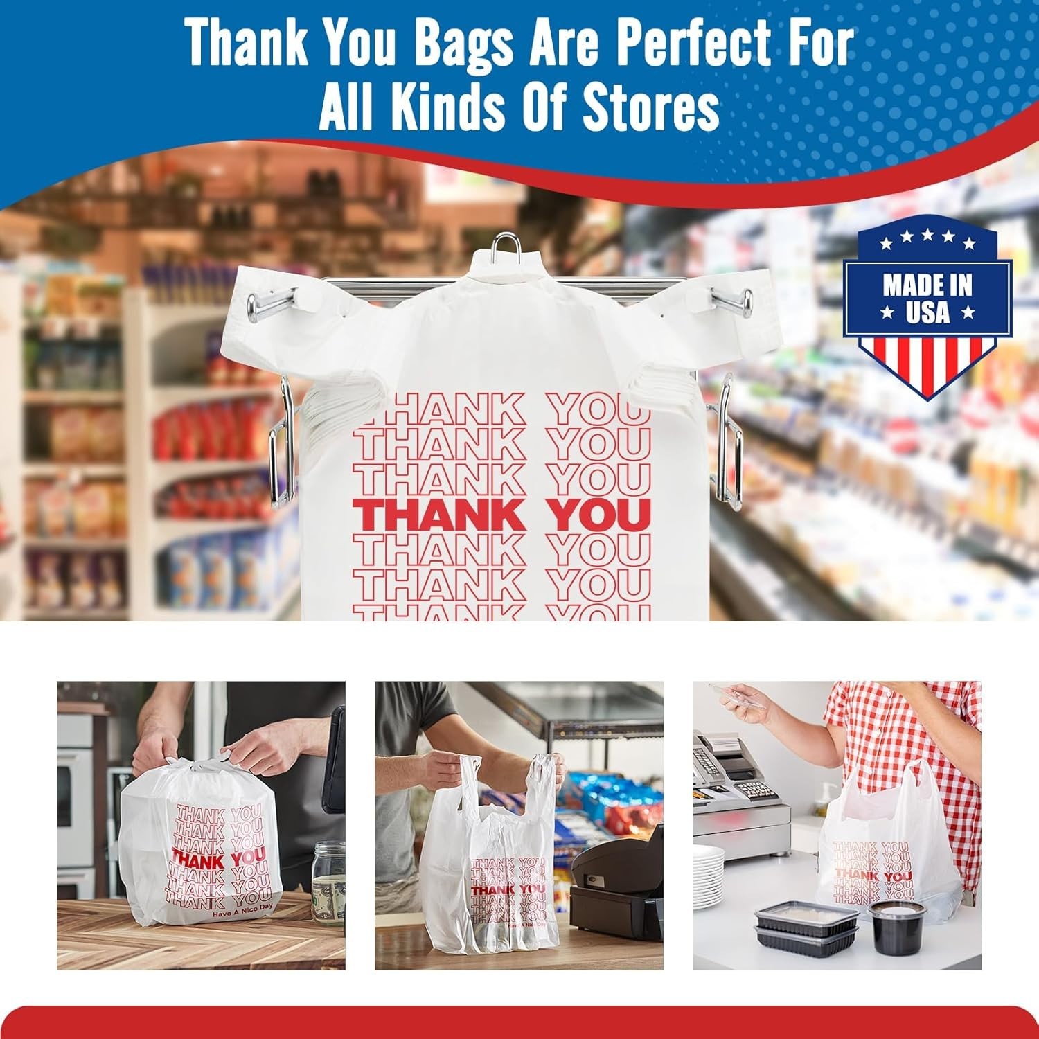 1000-2000 Thank You T-Shirt Bags 12" x 6.5" x 21", Plastic Grocery Shopping Bags