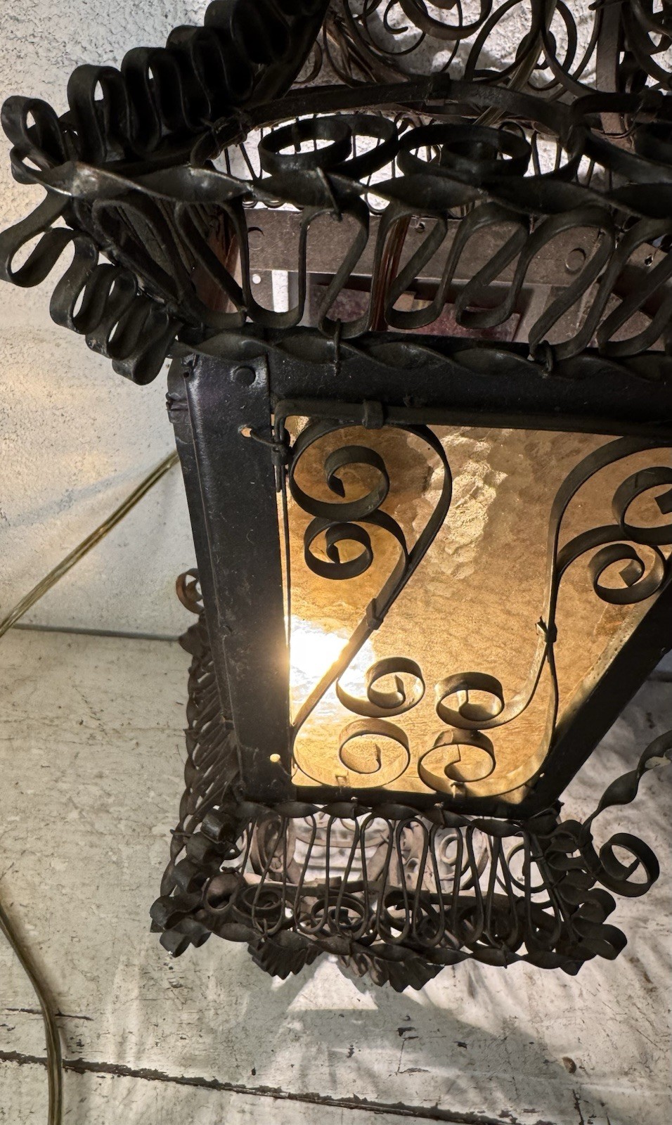 Antique Venetian Wrought Iron Lantern Hanging Electrified Light Gothic Italian