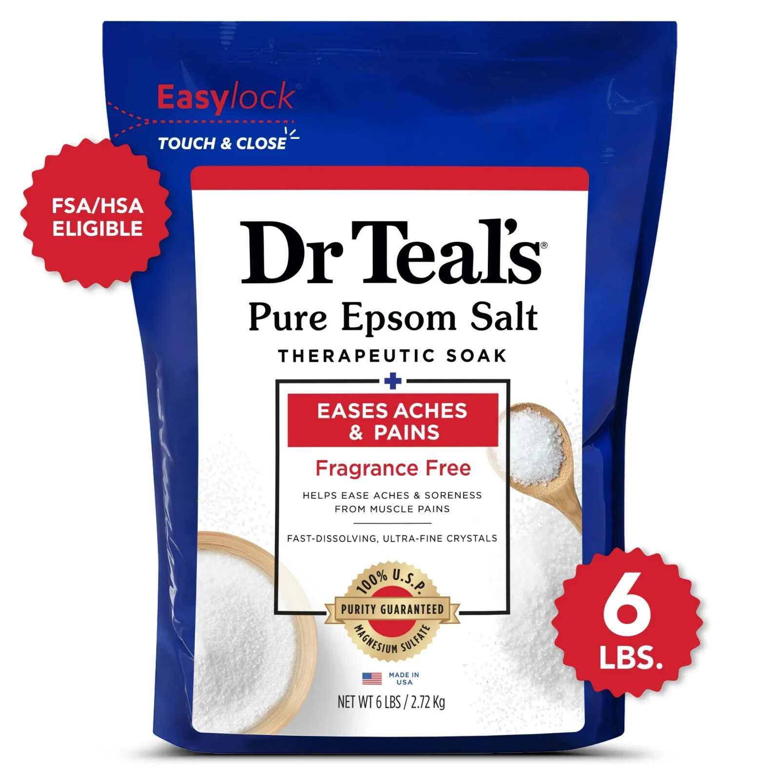 Dr Teal's Pure Epsom Salt Soak, Therapeutic, Fragrance Free, 6 lbs