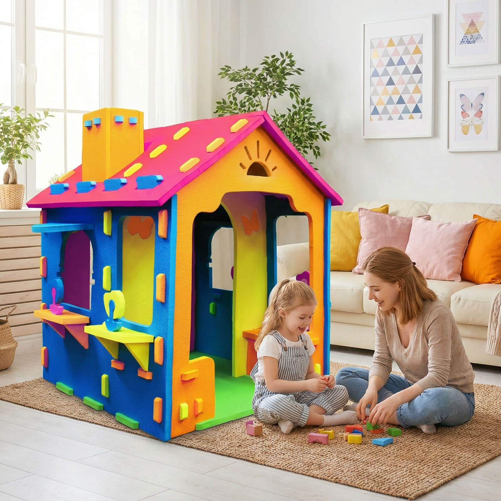Kids EVA Foam Playhouse w/Roof, Chimney, Windows & Doorways for Creative Play