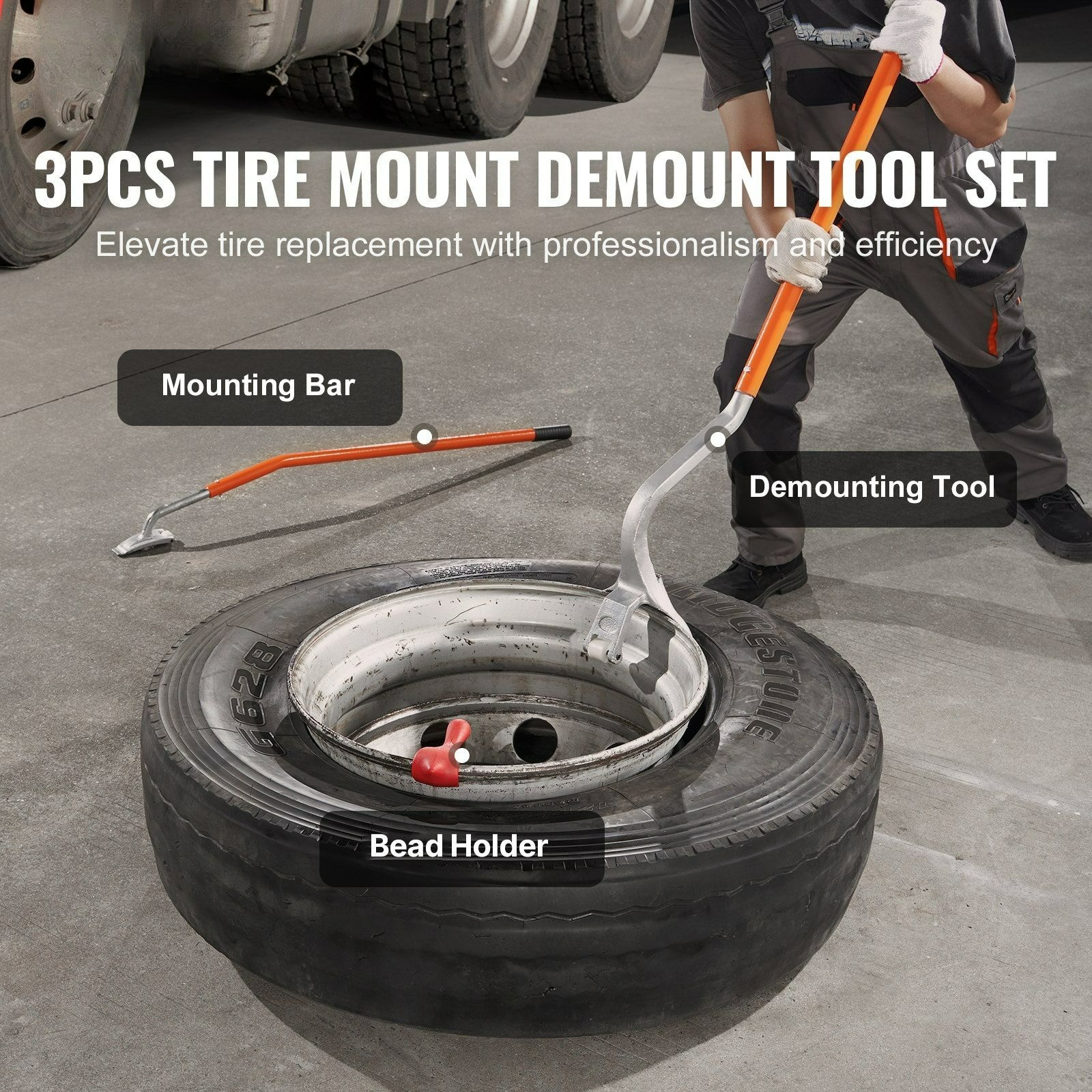 Tire Mount Demount Tool 22.5"-24.5" Manual Steel 3 Piece Truck Changer