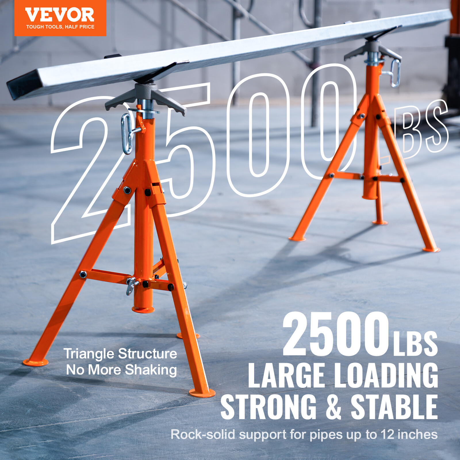 VEVOR V-Head Pipe Stand 2500LBS Pipe Jack 28"-52" Height for 1/2" to 12" Pipes
