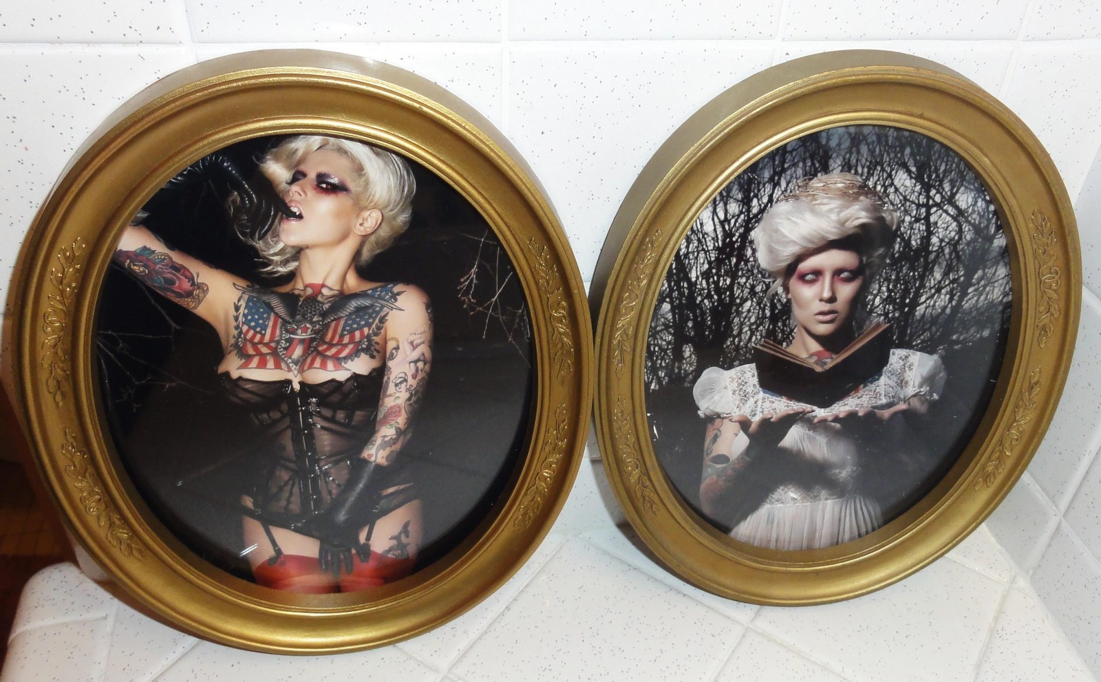Vintage Two Gold Oval Frames with Gothic Pinup Girl Photos Vampire Look tattooed