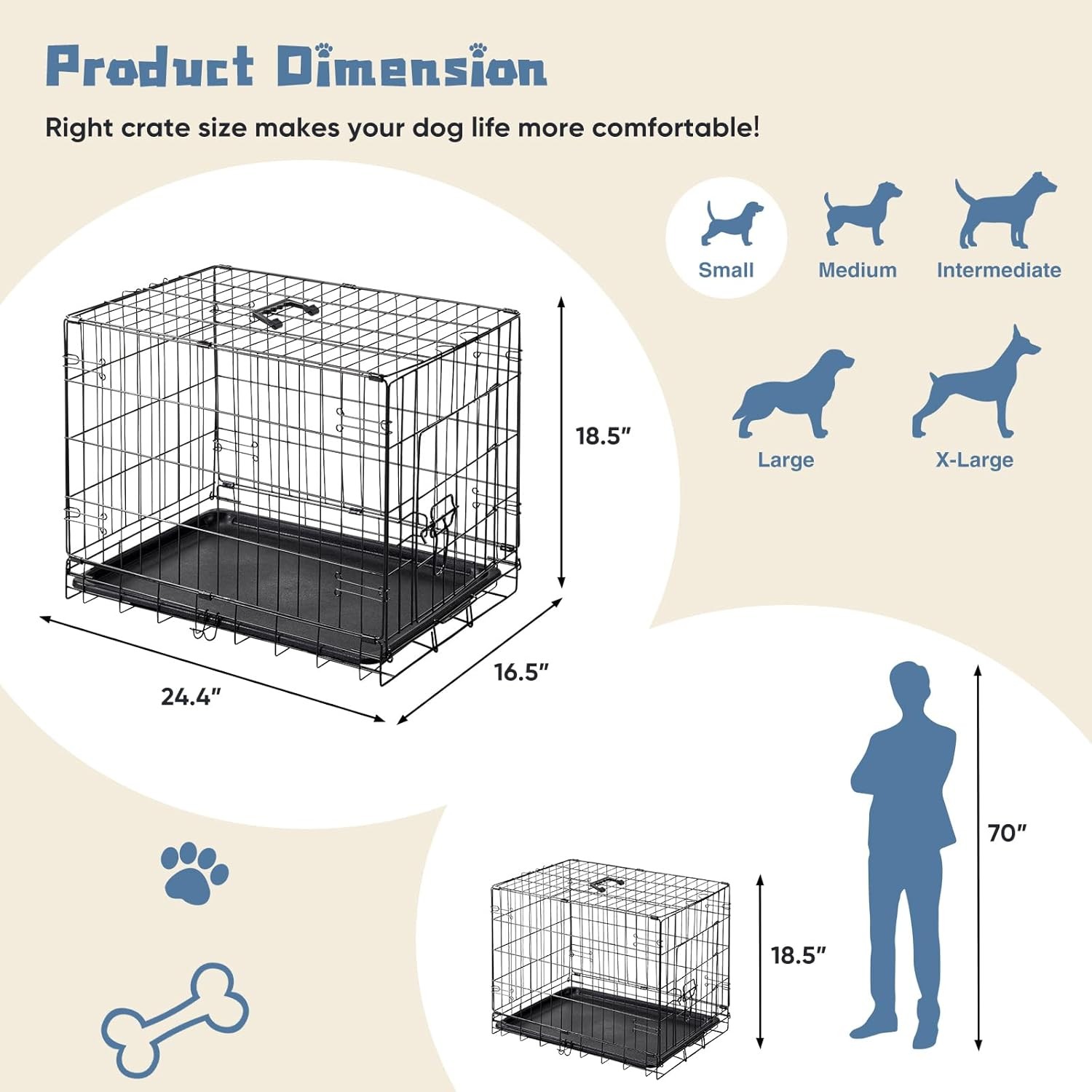VITABELLA HOME Single/Double Door Dog Crate Wire Metal Kennel w/Removable Tray