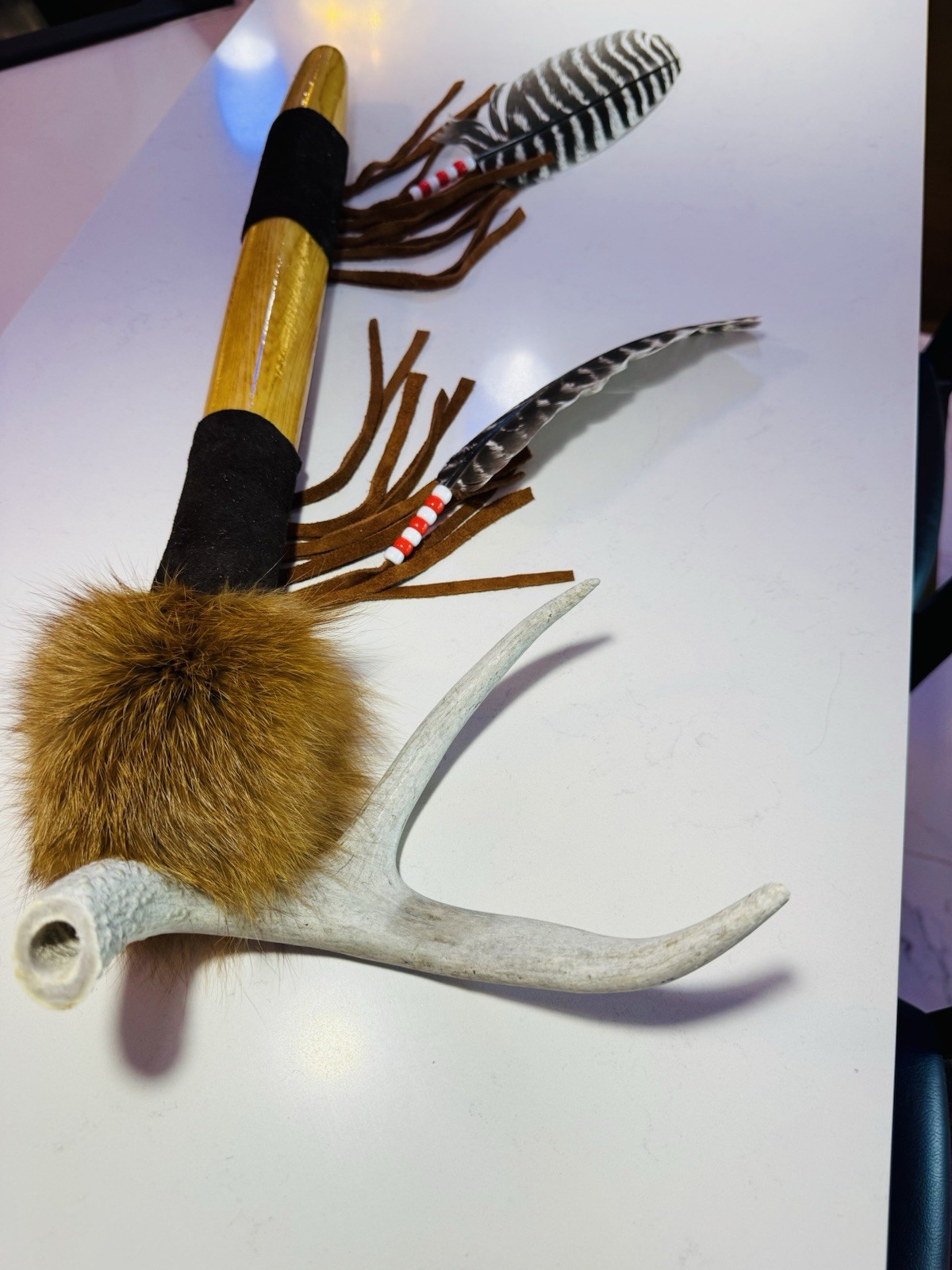 Native American Indian Deer Antler Peace pipe. By Enrolled Cherokee  24”