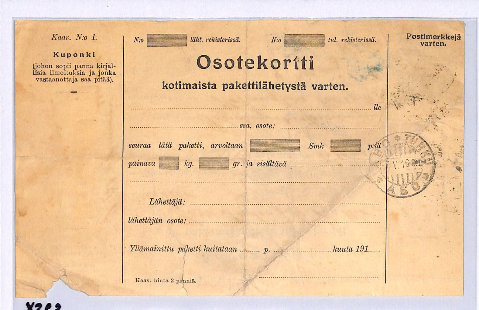 FINLAND Inland Parcel Post Label 1916 WW1 Helsinki Turku Censor {samwells}XS65