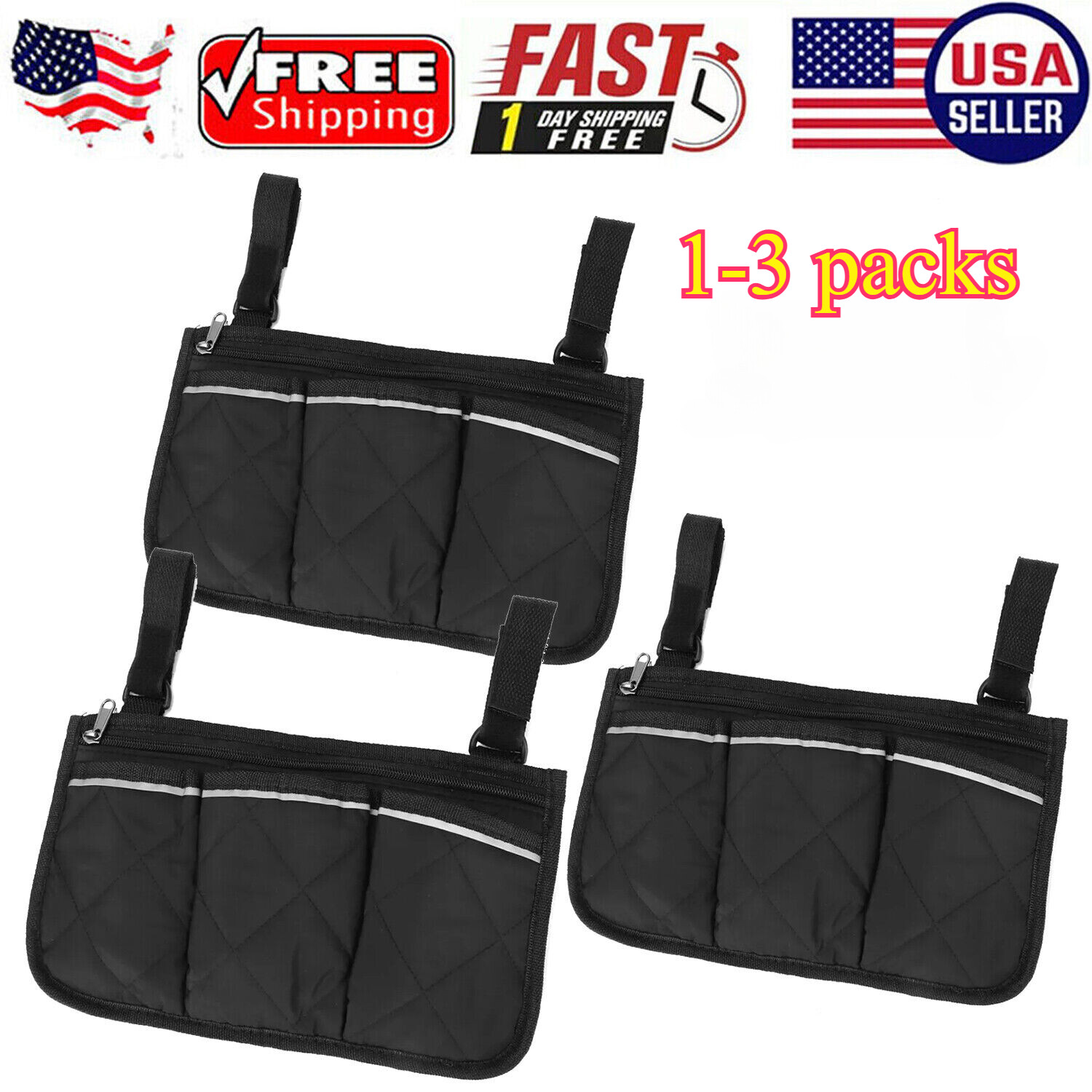 3X Wheelchair Side Pouch Storage Bag Armrest Pocket Organizer Holder Pocket US