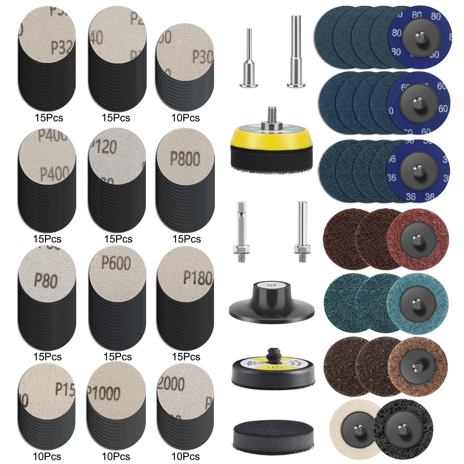 195pcs 2" Sanding Disc Set w/ 1/8" 1/4" Shank for Drill Die Grinder Rotary Tool