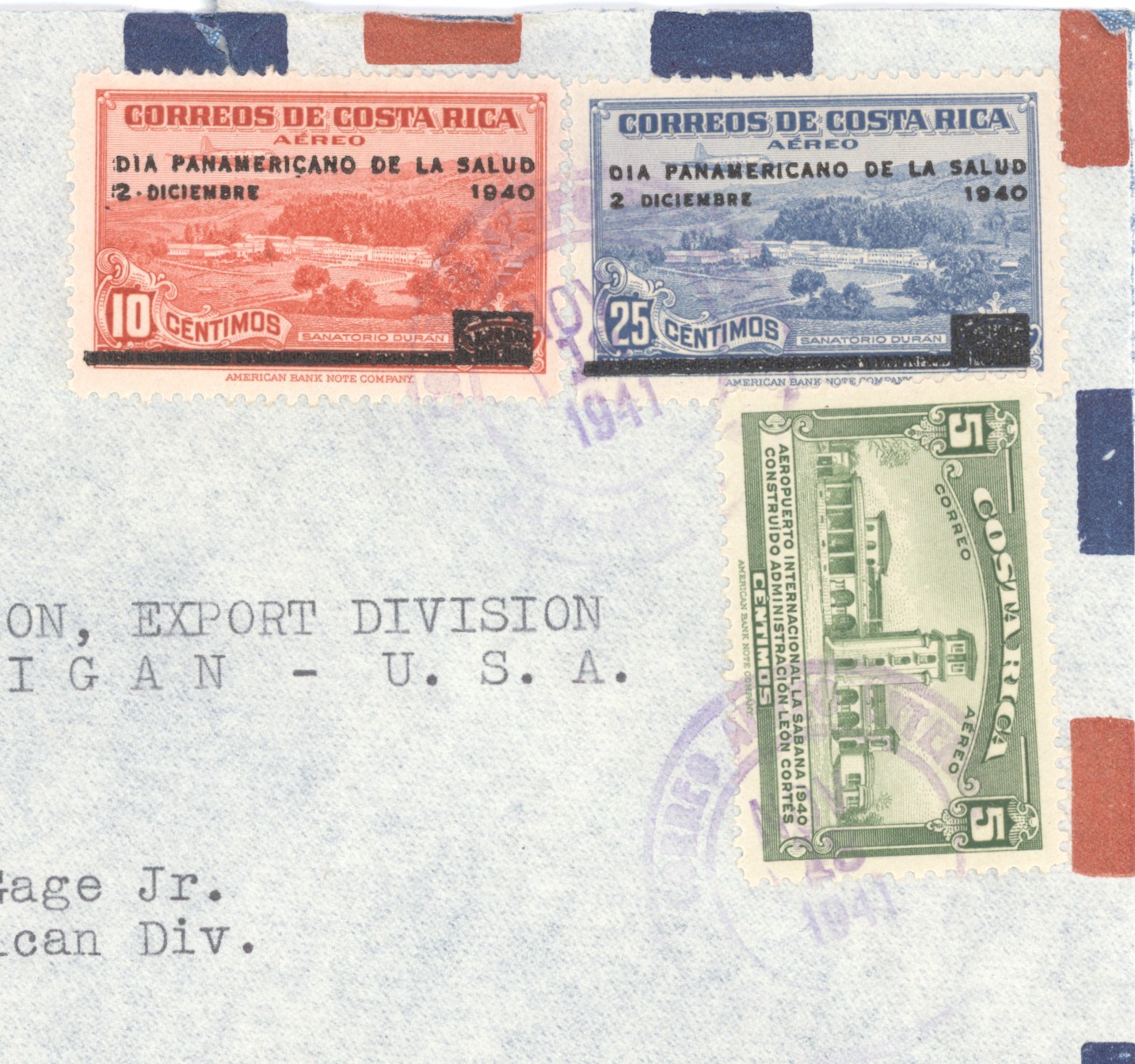 Costa Rica 1941 Airmail Cover To Chrysler Detroit Commercial Mixed Franking