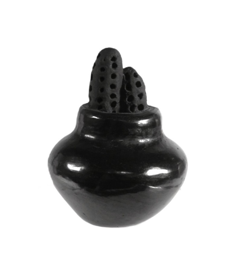 Santa Clara Pueblo Small Pot with Corn Black Pottery By Dorothy and Paul