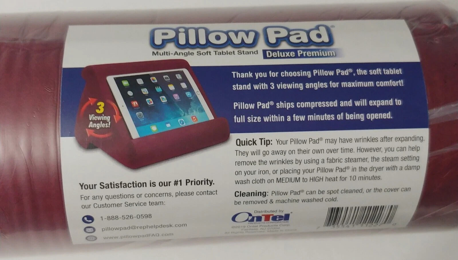 Ontel Pillow Pad Ultra Multi Angle Soft Tablet Stand Burgundy New Sealed