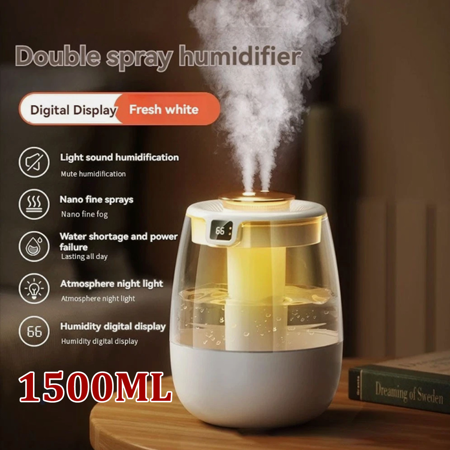 1.5L Humidifiers for Bedroom Ultrasonic Warm & Cool Mist LED Humidifier Top Fill