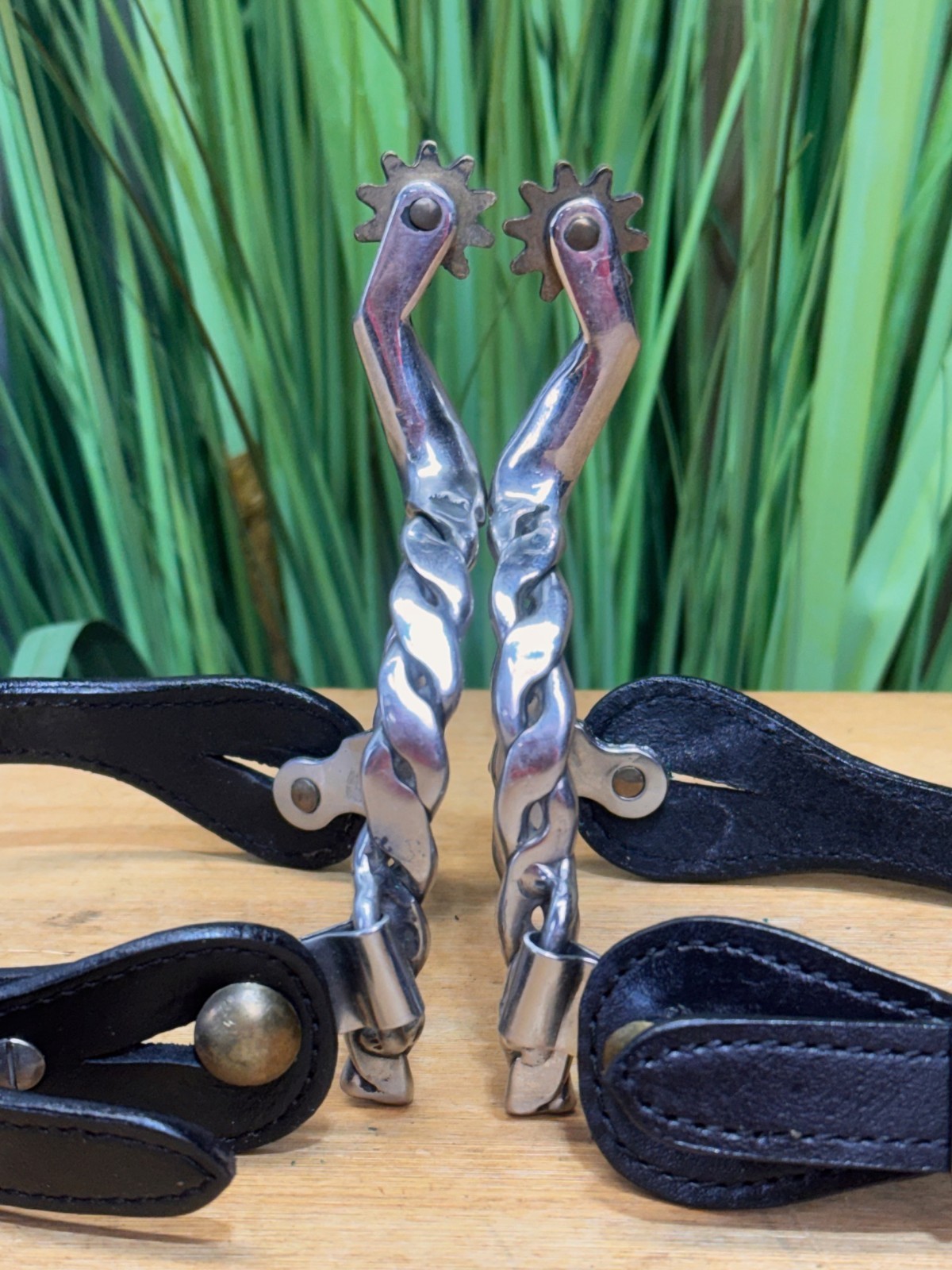 Stainless Steel Braided Western Spurs w New Black Leather Straps