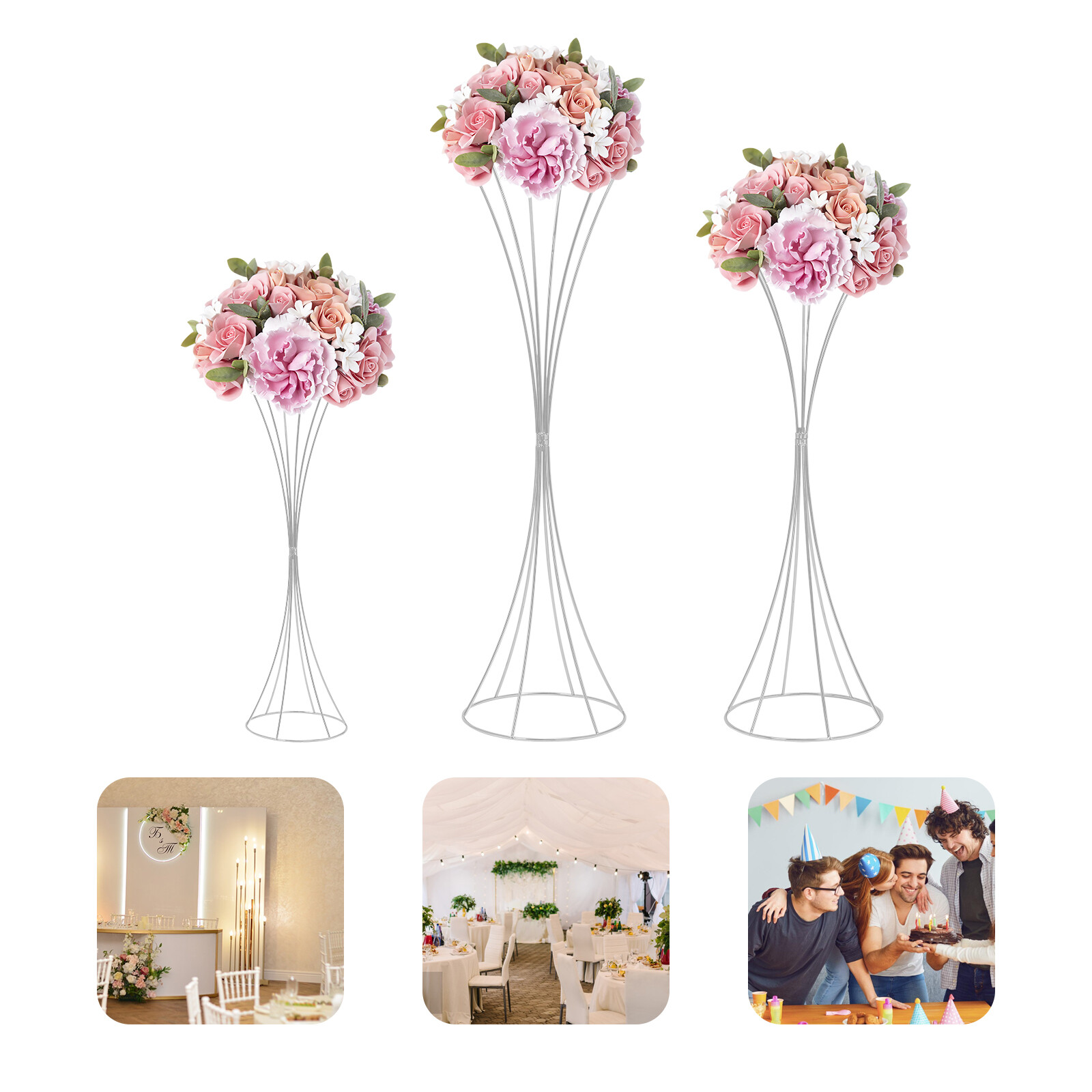 3pcs Modern Flower Stands Hourglass Shape Flower Stand Iron For Party Silver New