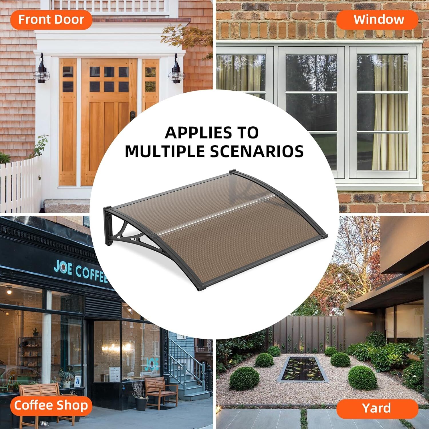 32/40/48/60/80" Window Awning Front Door Eaves Canopy Polycarbonate Roof Cover