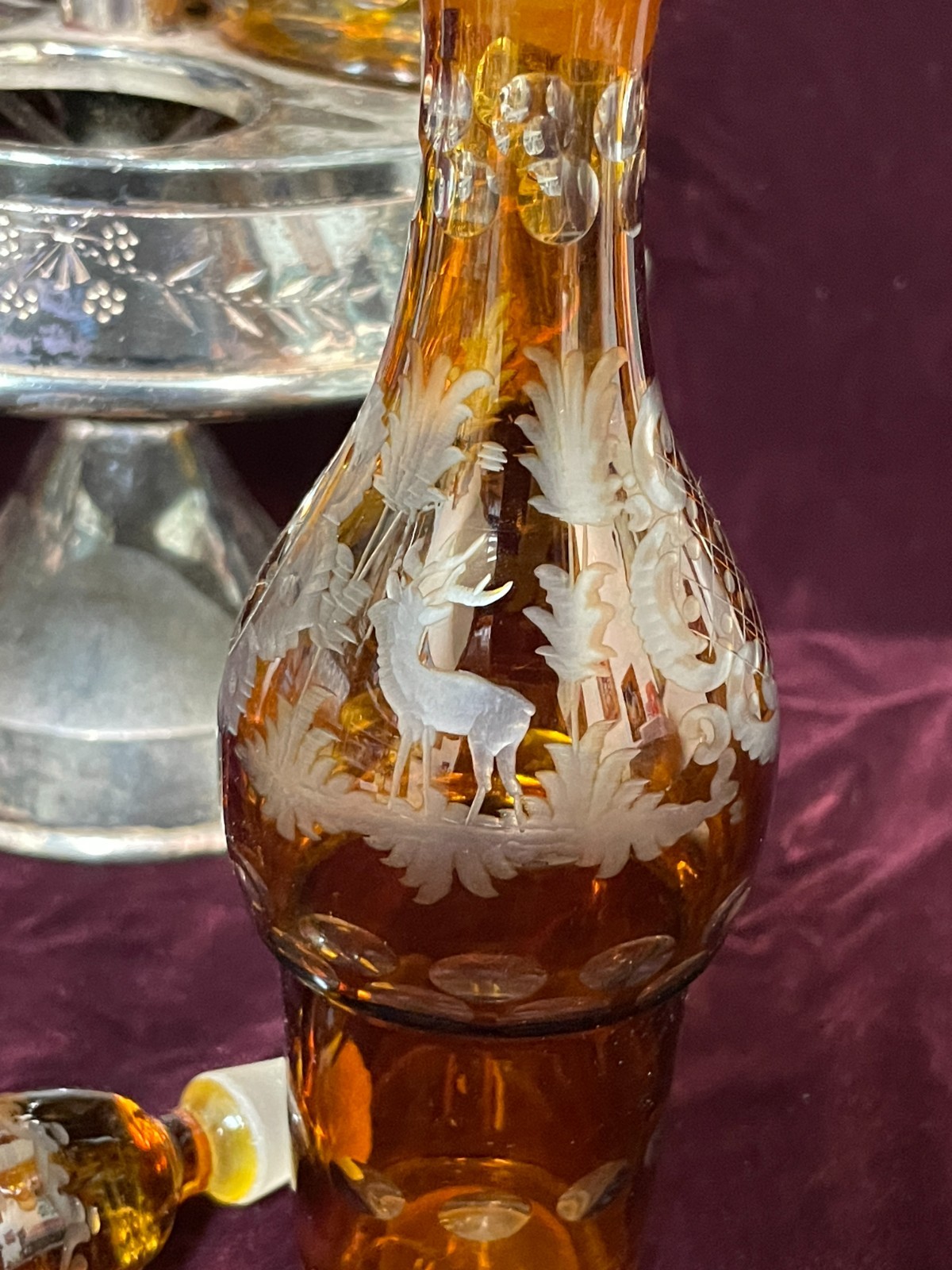 Antique 1800's Wilcox Silver Plate Cruet Condiment Set 3 Etched Amber Bottles