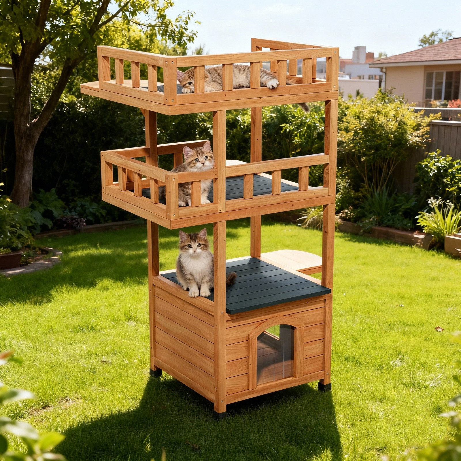 Modern Cat Tree Tower for Large Cats wooden Luxury Cat Condo Wood Feral House