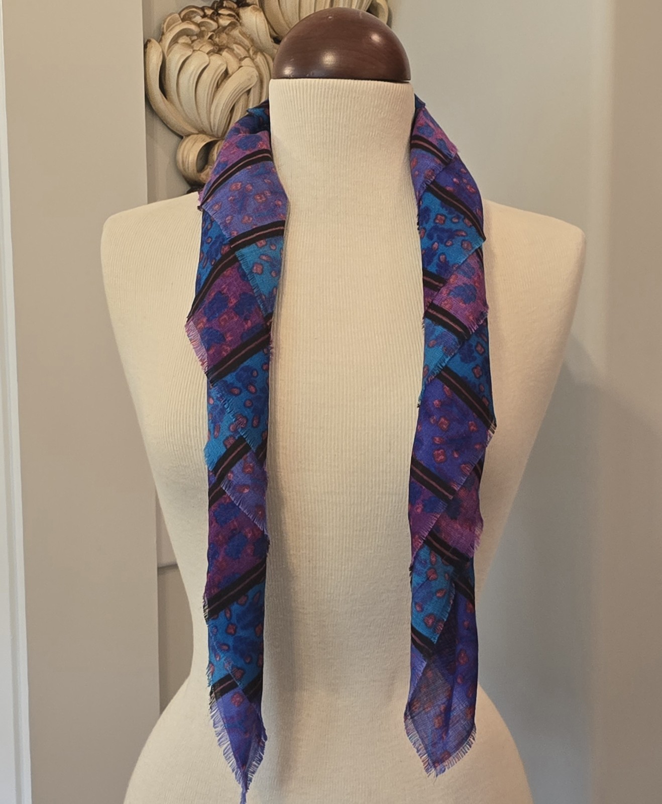 Vintage Glentex Japan Square Scarf Floral Stripes Blue Purple Pink 30x31 Inches