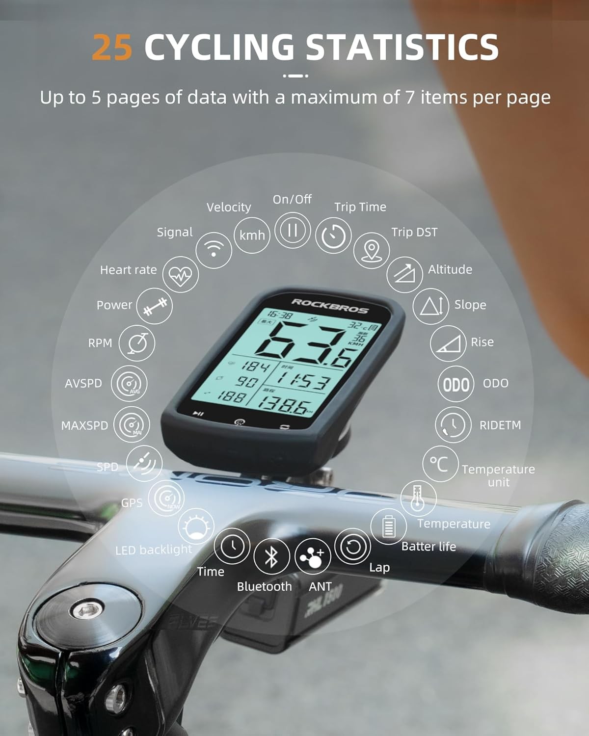 ROCKBROS Bike Computer Wireless ANT+Bluetooth Speedometer Odometer Waterproof