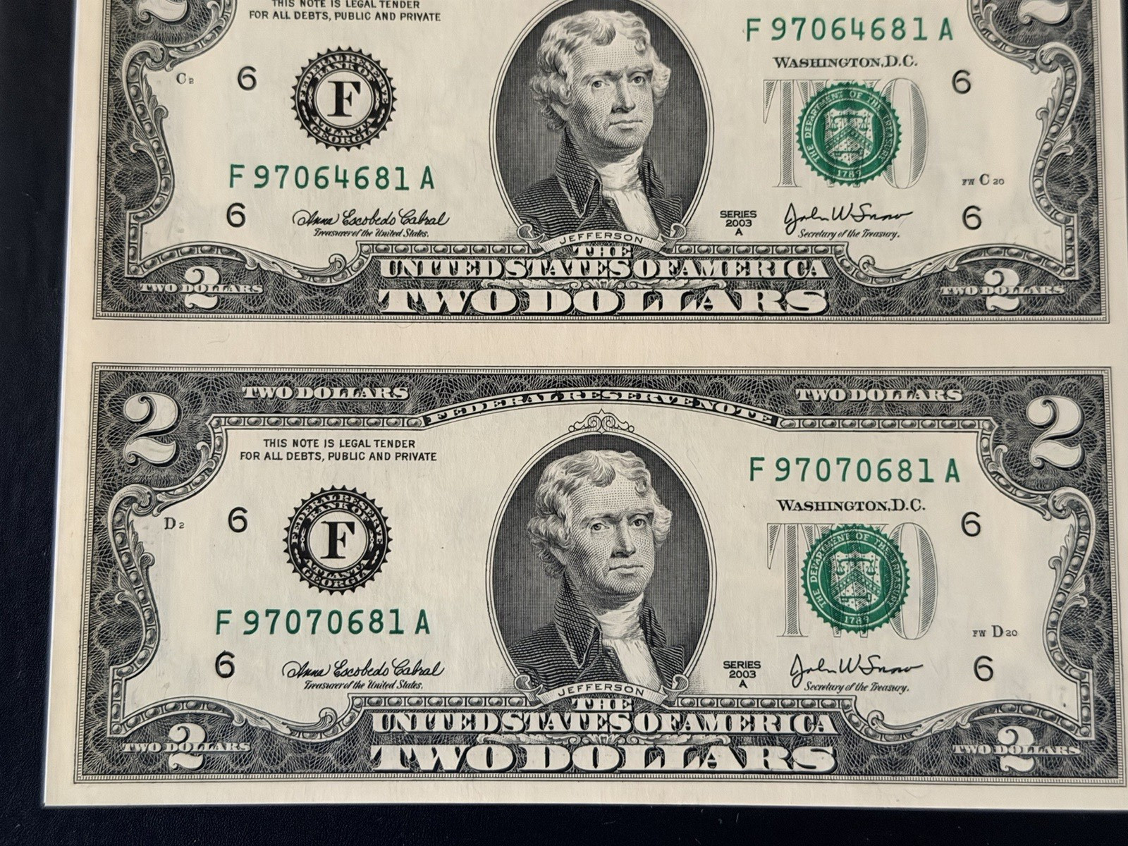World Reserve Monetary Exchange Uncut Sheet $2 Dollar Bills 2003 Book/Folder COA