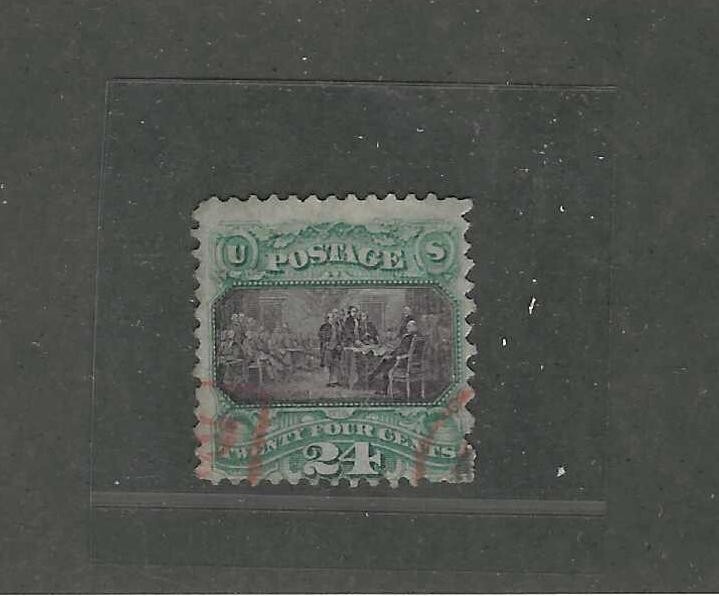 US 1869 DECLARATION OF US INDEPENDENCE 24C SC # 12D RED CANCEL NEAT PERF