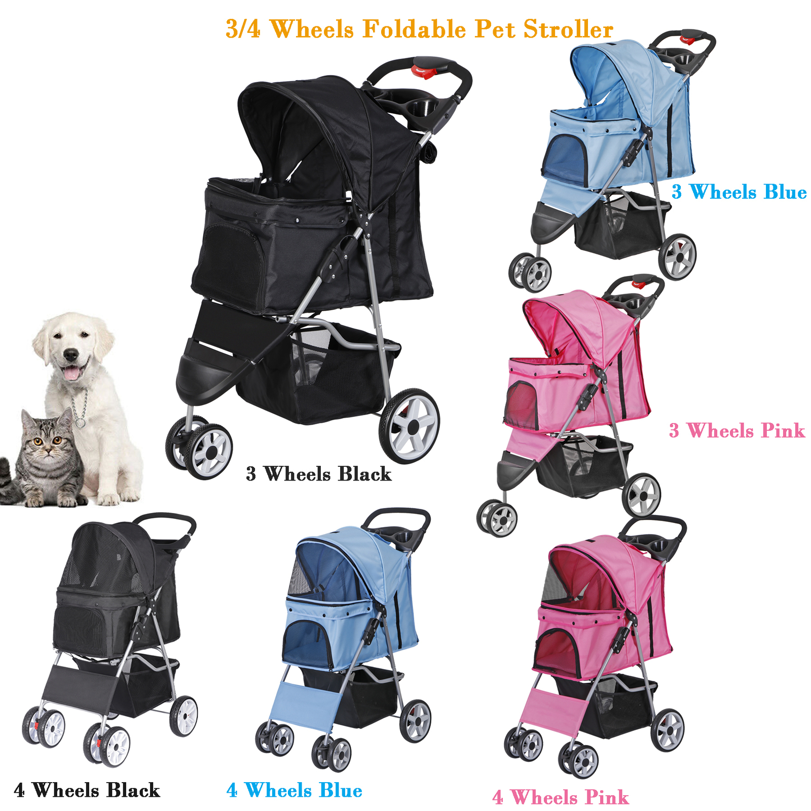 3/4-Wheels Dog Stroller Foldable Cat Pet Stroller w/Storage Basket & Cup Holder
