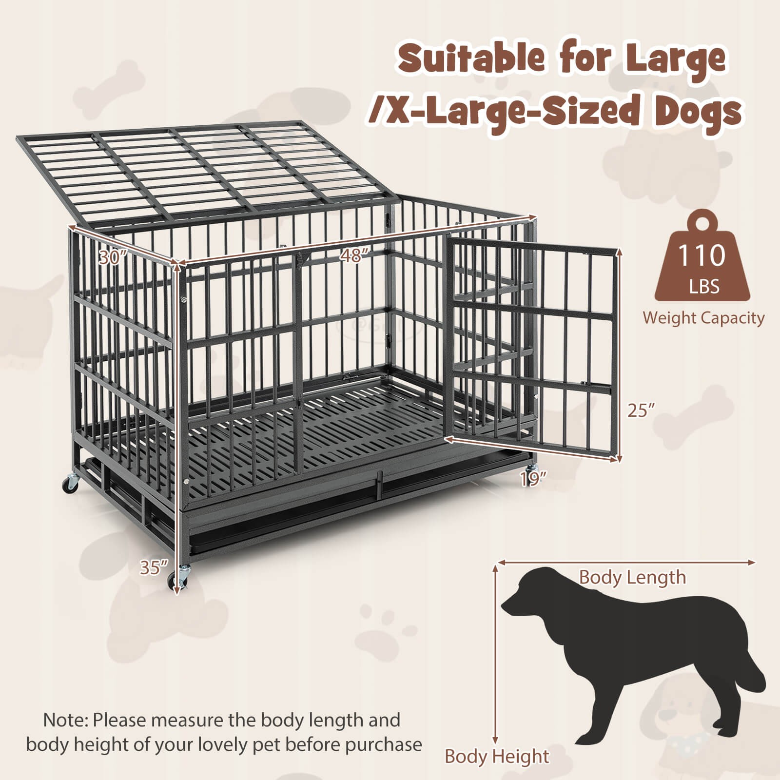 48" Foldable Heavy-Duty Metal Dog Cage W/ Lockable Rolling Casters Black