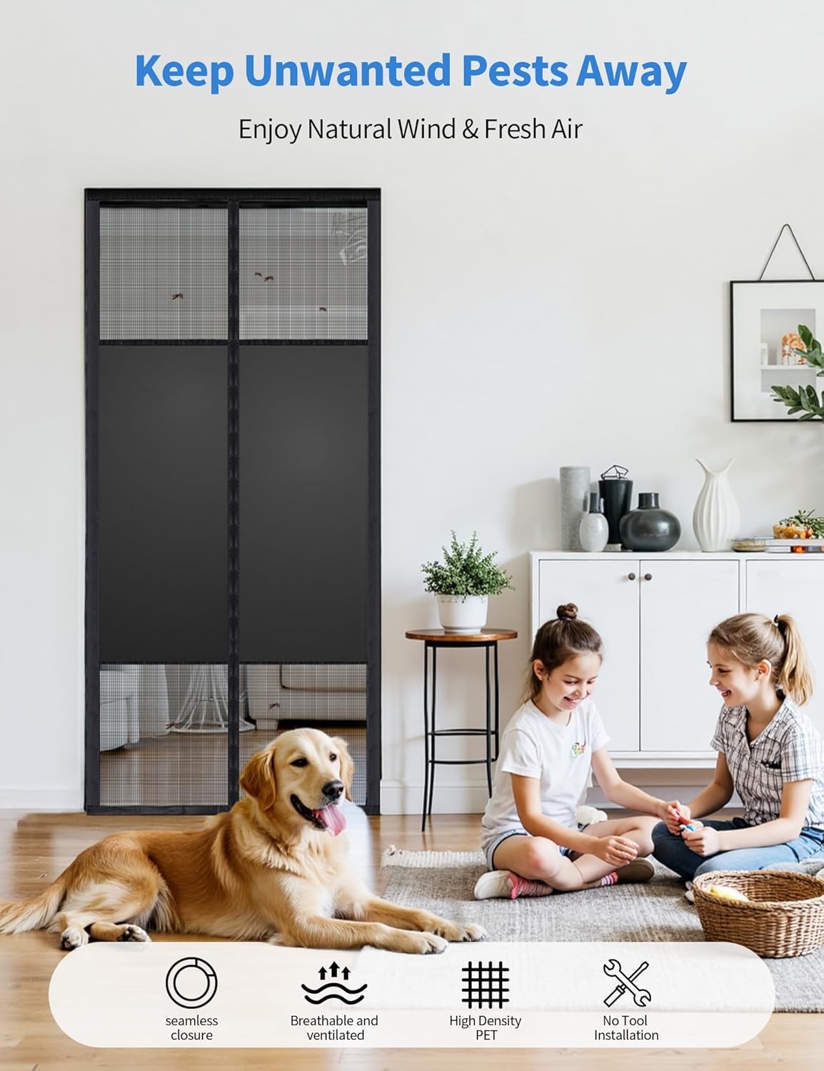 Magnetic Screen Door with Privacy Protection, Thick PET Mesh Screen Fit for Door