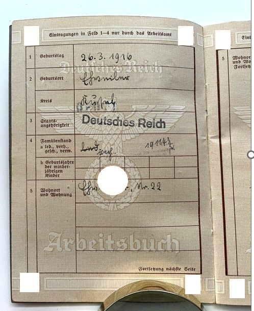 Germany Arbeitsbuch WWII Work Book Log