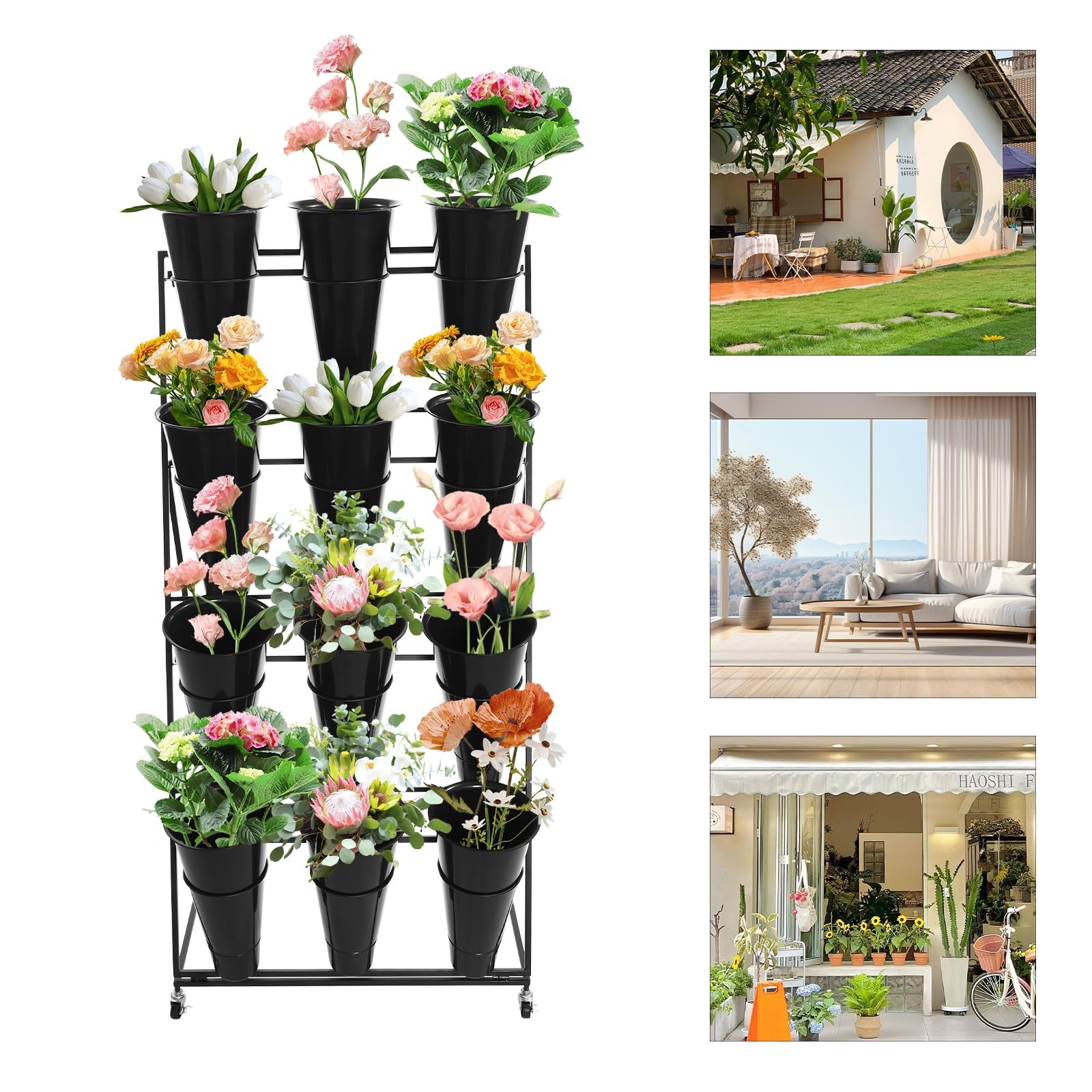 4 Tier Metal Flower Stand with 12 Buckets and Wheels for Florist Garden Outdoor