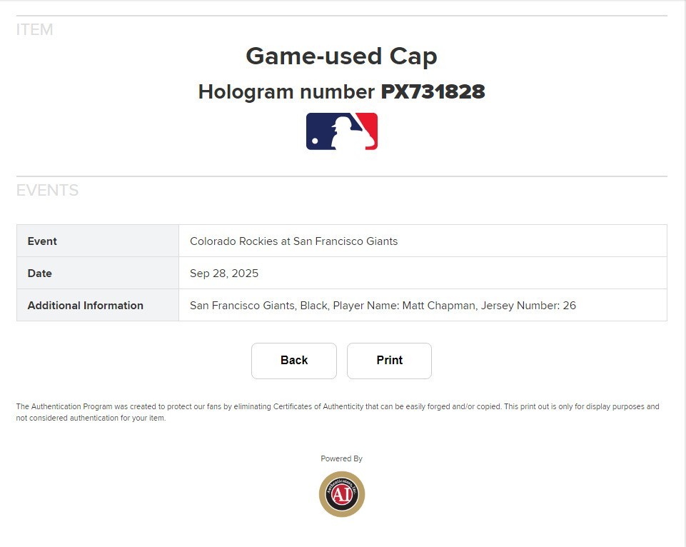 Matt Chapman game used 2025 San Francisco Giants black baseball cap 9/28 MLB
