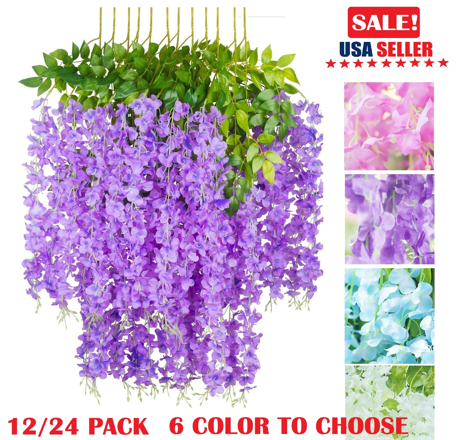 24× Artificial Wisteria Vine Hanging Flower 3.6 Ft Wedding Garden Colorful USA