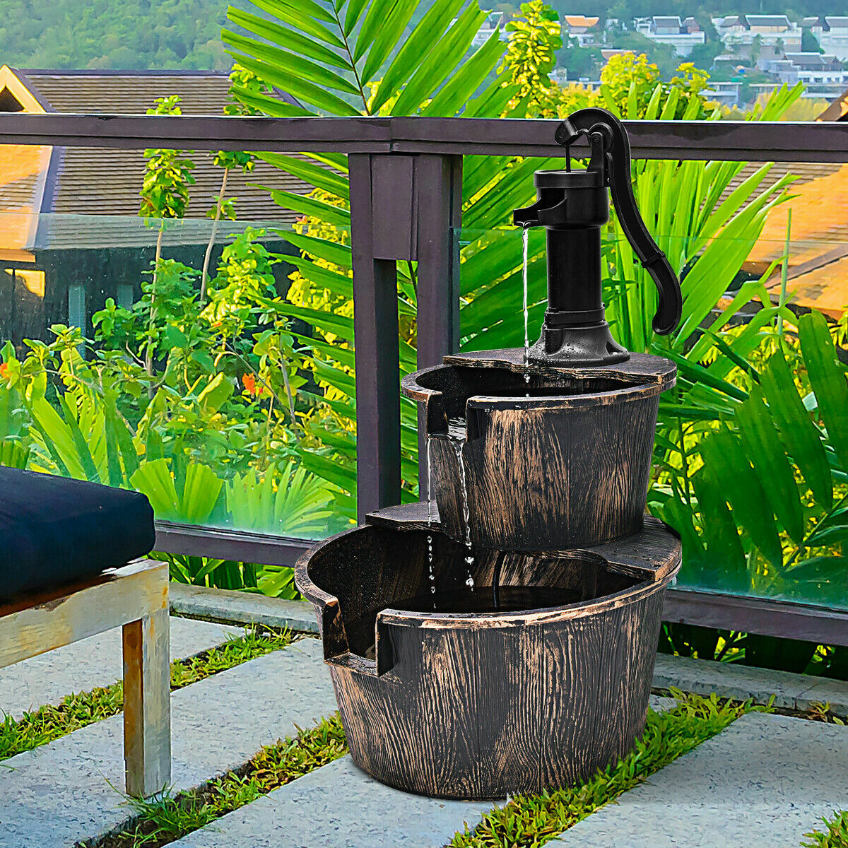 2 Tier Barrel Waterfall Fountain Barrel Water Fountain Pump Outdoor Garden