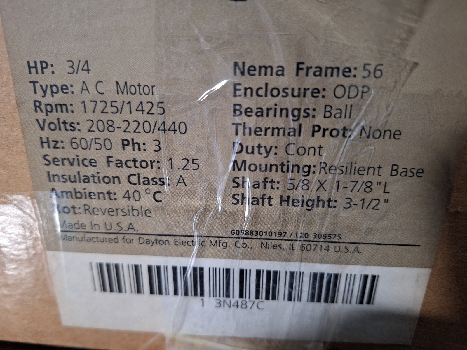 NEW IN BOX DAYTON INDUSTRIAL MOTOR HP 3/4, PH 3, 1725RPM, 208-220/440V, 3N487C