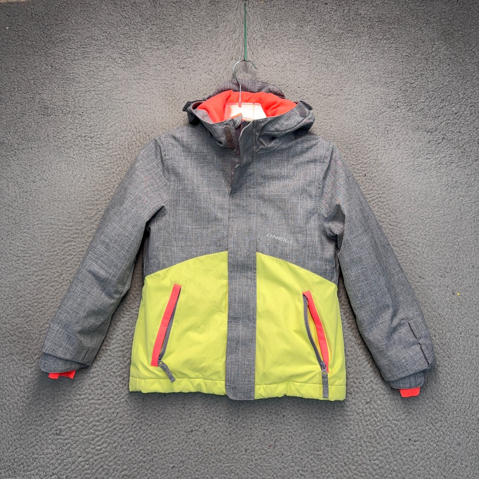 ONeill Jacket Girls 8 Gray Yellow Colorblock Snowboard Ski Hooded Insulated