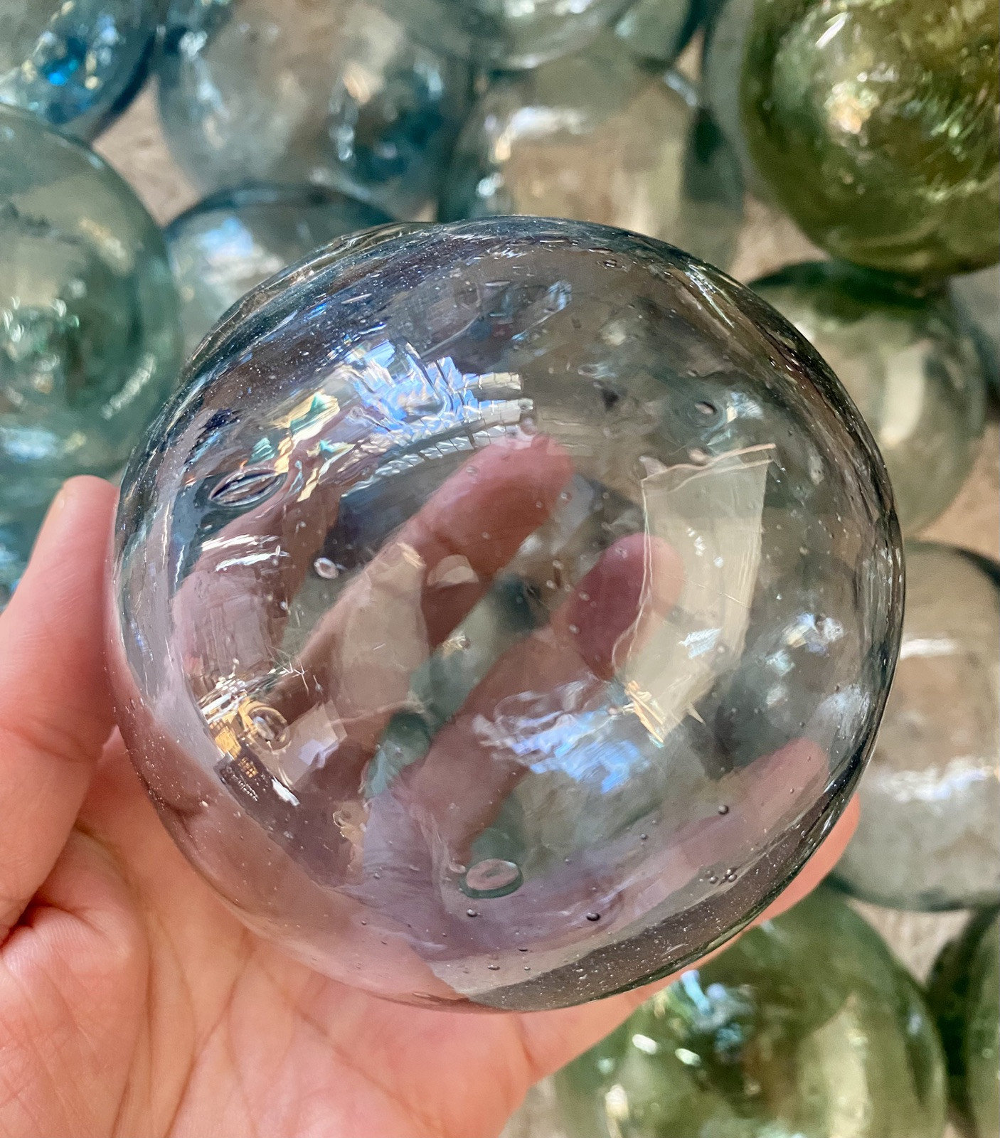 Vintage Japanese Glass Fishing Floats Set (Blue & Green) - 3"-3.5" 10 pcs