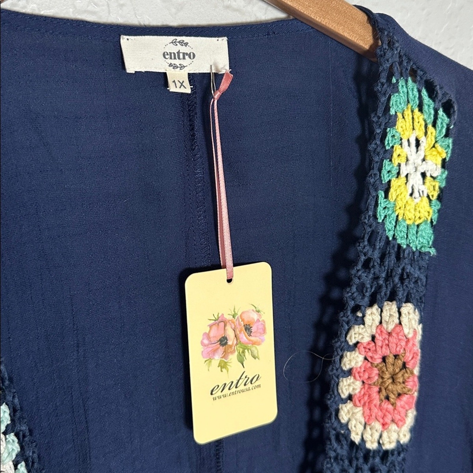 NWT Entro Crochet Granny Square Open Kimono Navy Blue 1X Swim Coverup Resortwear