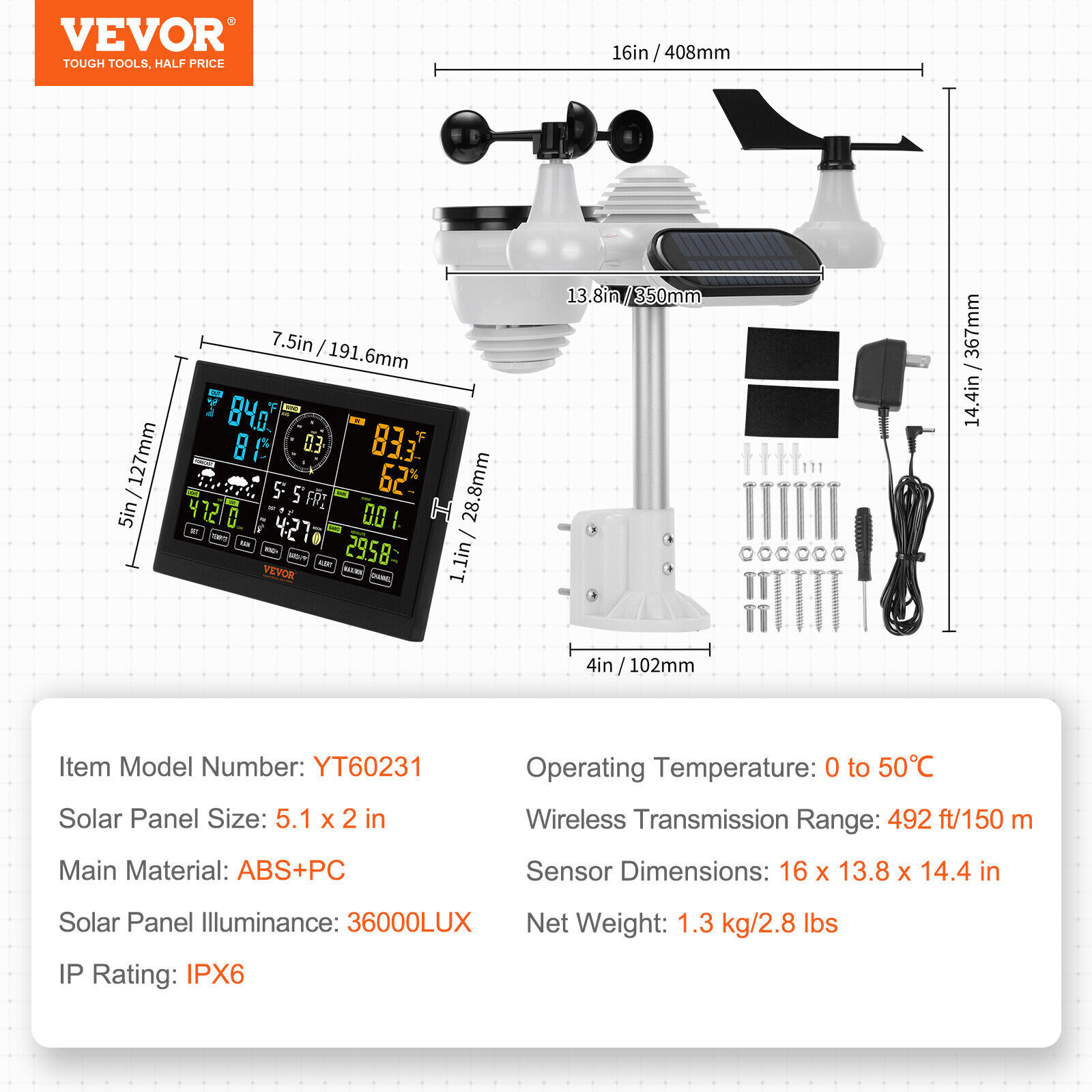 VEVOR 7-in-1 Wireless Weather Station 7.5 in Large Display for Indoor Outdoor