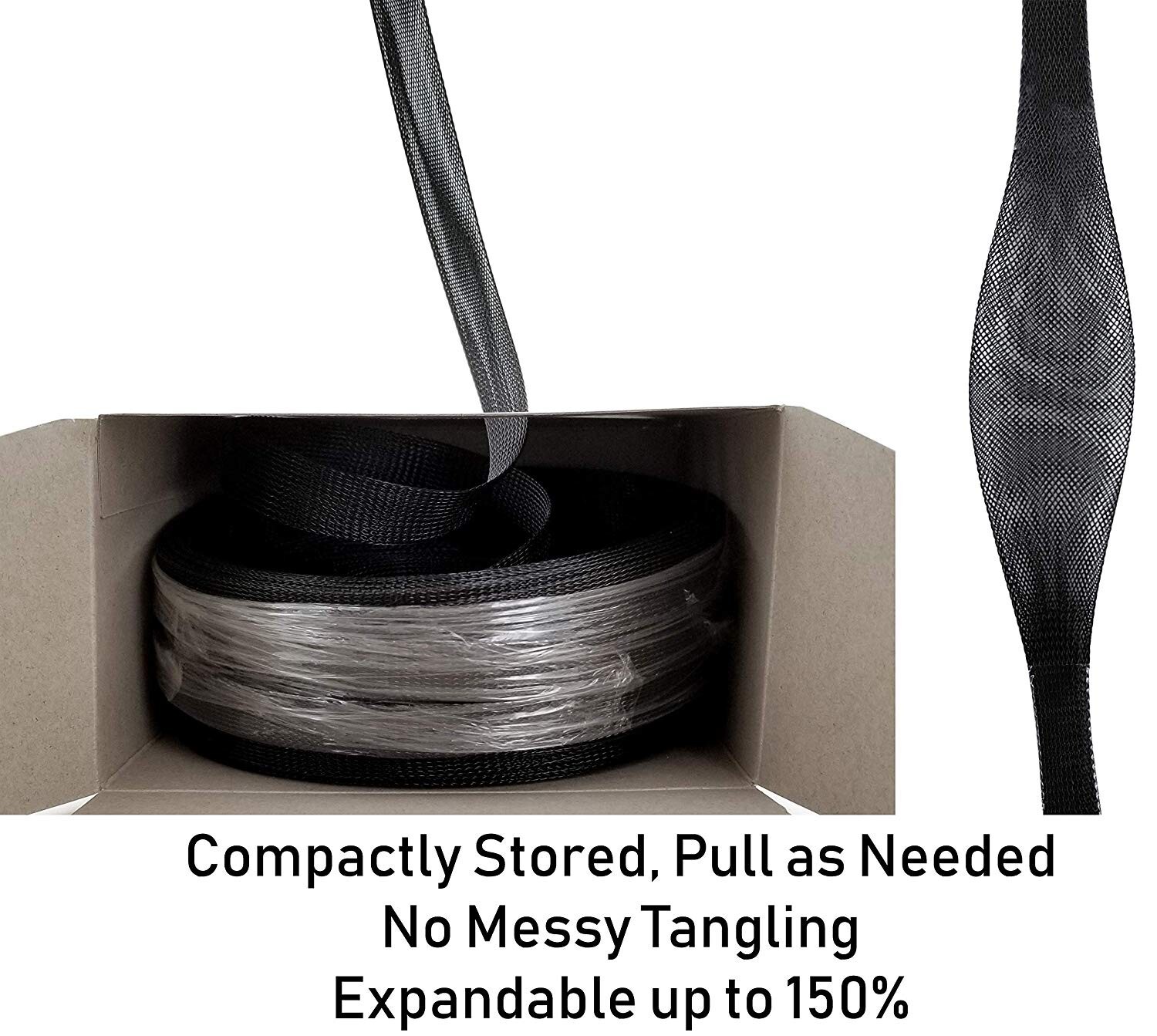 50ft - 1/2 inch PET Expandable Braided Sleeving – Black – Cable Sleeve protector