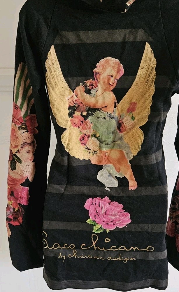 Paco Chicano by Christian Audigier V-Neck Hoodie Angel Floral Black L